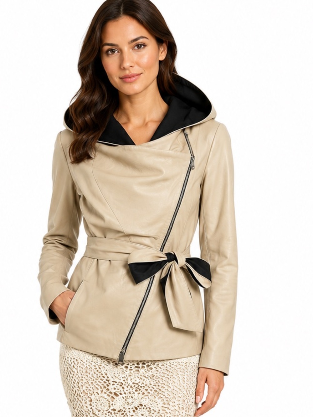 Leather Beige Jacket with the Hoddie & Belt